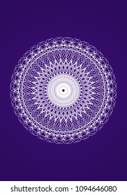 Openwork circular pattern white mandala on a dark blue background. Artistic ornament, spiritual symbol. Vector graphics.