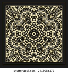 Openwork contour ornament. Design to create a bandana, scarf, card, wall decoration or other project. White on black. Version No. 9. Vector illustration