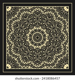Ornamento de contorno de apertura. Diseñar para crear un bandana, pañuelo, tarjeta, decoración de pared u otro proyecto. Blanco sobre negro. Versión No. 6. Ilustración del vector