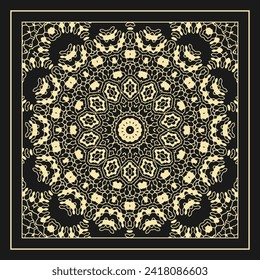 Ornamento de contorno de apertura. Diseñar para crear un bandana, pañuelo, tarjeta, decoración de pared u otro proyecto. Blanco sobre negro. Versión No. 4. Ilustración del vector