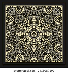 Openwork contour ornament. Design to create a bandana, scarf, card, wall decoration or other project. White on black. Version No. 7. Vector illustration