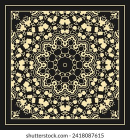Openwork contour ornament. Design to create a bandana, scarf, card, wall decoration or other project. White on black. Version No. 2. Vector illustration