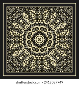 Openwork contour ornament. Design to create a bandana, scarf, card, wall decoration or other project. White on black. Version No. 8. Vector illustration