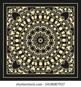 Openwork contour ornament. Design to create a bandana, scarf, card, wall decoration or other project. White on black. Vector illustration