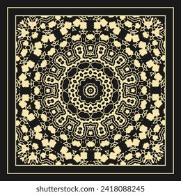 Openwork contour ornament. Design to create a bandana, scarf, card, wall decoration or other project. White on black. Version No. 3. Vector illustration