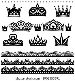 Openwork crowns set and borders, color isolated vector illustration in flat style, icon, design, decoration, logo