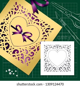 openwork for cutting knife: 
golden box with the middle in the shape 
of a heart and swirls and template 