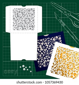 openwork for cutting knife: invitation envelope with flowers and branches and template