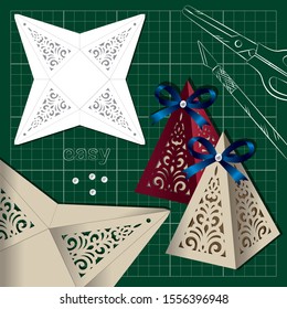 openwork for cutting knife: 
little triangular box with a pattern of swirls and template 