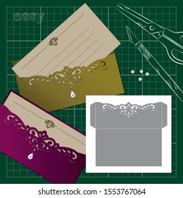 openwork for cutting knife: 
a small envelope with medium curls in the center  and template 