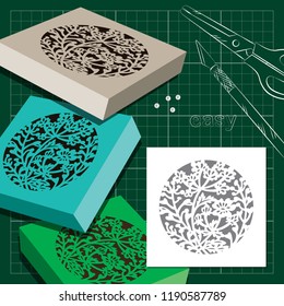 openwork for cutting knife: 
a square box with a floral design in circle and template 