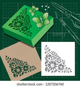 openwork for cutting knife: a square box with a floral ornament in the corner, butterfly and template 