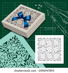 openwork for cutting knife: 
a square box with a floral ornament  and template 
