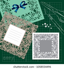 openwork for cutting knife: 
square with carved leaves and template 