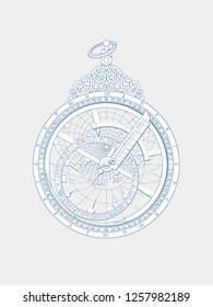 Openwork cutting on paper. Astrolabe with vignettes and patterns. Souvenir navigation 
tools.