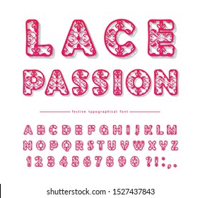 Openwork decorative font. Lacy creative ABC letters and numbers. For Valentine's day, female underwear shop advertising. Vector illustration
