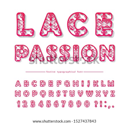 Openwork decorative font. Lacy creative ABC letters and numbers. For Valentine's day, female underwear shop advertising. Vector illustration