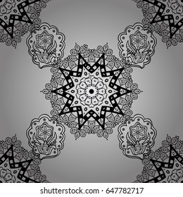 Openwork delicate dim pattern. Seamless dim texture curls. Brilliant lace, stylized flowers, paisley. Seamless pattern on gray background with dim elements. Vector art. Oriental style arabesques.