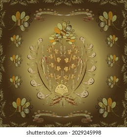 Openwork delicate golden pattern. Brilliant lace, stylized flowers, paisley. Seamless pattern on yellow, brown colors with golden elements. Seamless golden texture. Vector. Oriental style arabesques.