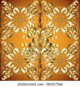 Openwork delicate golden pattern. Brilliant lace, stylized flowers, paisley. Vector. Oriental style arabesques. Pattern on yellow background with golden elements. Golden texture curls.