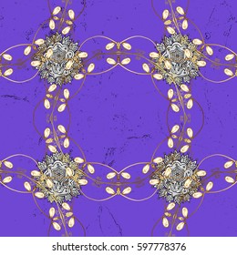 Openwork delicate golden pattern. Brilliant lace, stylized flowers, paisley. Vector oriental style arabesques. Seamless golden texture curls. Seamless pattern on violet background with golden elements