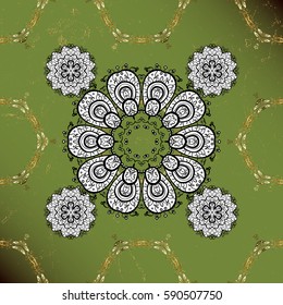 Openwork delicate golden pattern. On green background with golden elements. Brilliant lace, stylized flowers, paisley. Golden texture curls. Vector oriental style arabesques.