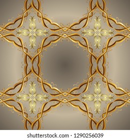 Openwork delicate golden pattern. Oriental style arabesques. Brilliant lace, stylized flowers, paisley. Seamless pattern on gray colors with golden elements. Seamless golden texture curls. Vector.
