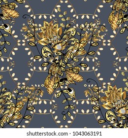 Openwork delicate golden pattern. Seamless pattern on blue, yellow, black colors with golden elements. Seamless golden texture curls. Vector. Oriental style. Brilliant lace, stylized flowers, paisley.