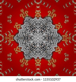 Openwork delicate golden pattern. Seamless pattern on red, white, black colors with golden elements. Brilliant lace, stylized flowers, paisley. Seamless texture curls. Vector oriental style arabesques