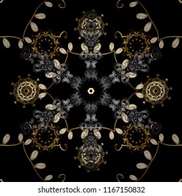 Openwork delicate golden pattern. Seamless pattern on black, gray and brown colors with golden elements. Seamless golden texture curls. Vector. Oriental style arabesques. Stylized flowers, paisley.
