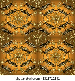 Openwork delicate golden pattern. Seamless pattern on brown and yellow colors with elements. Oriental style arabesques. Seamless golden texture curls. Vector. Brilliant lace, stylized flowers, paisley