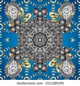 Openwork delicate golden pattern. Seamless golden texture curls. Seamless pattern on blue and gray colors with elements. Oriental style arabesques. Brilliant lace, stylized flowers, paisley. Vector.