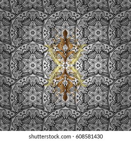 Openwork delicate golden pattern. Seamless pattern on gray background with golden elements. Brilliant lace, stylized flowers, paisley. Seamless golden texture curls. Vector oriental style arabesques.