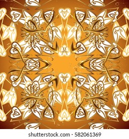 Openwork delicate golden pattern. Golden texture curls. Brilliant lace, stylized flowers, paisley. Oriental style arabesques. Pattern on yellow background with golden elements. Vector.