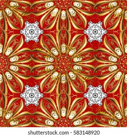 Openwork delicate golden pattern. Golden texture curls. Vector illustration. Oriental style arabesques. Brilliant lace, stylized flowers, paisley. On red background with golden elements.
