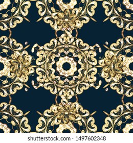 Openwork delicate golden pattern. Vector. Seamless golden texture curls. Oriental style arabesques. Brilliant lace, stylized flowers. Seamless pattern on beige, brown colors with golden elements.