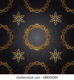 Openwork delicate golden pattern. Vector. Pattern on blue background with golden elements. Oriental style arabesques. Brilliant lace, stylized flowers, paisley. Golden texture curls.