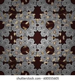 Openwork delicate golden pattern. Vector oriental style arabesques. Brilliant lace, stylized flowers, paisley. Seamless pattern on brown background with golden elements. Seamless golden texture curls.