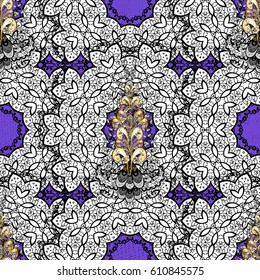 Openwork delicate golden pattern. Vector oriental style arabesques. Brilliant lace, stylized flowers, paisley. Seamless pattern on violet background with golden elements. Seamless golden texture curls