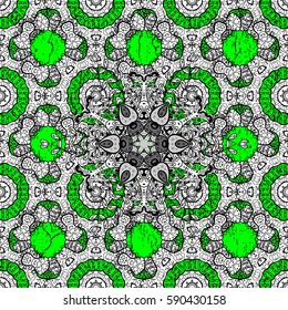 Openwork delicate pattern. Oriental style arabesques. Brilliant lace, stylized flowers, paisley. Pattern on green and white background with white elements. White texture curls. Vector.