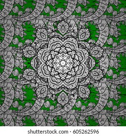 Openwork delicate white pattern. White texture curls. Vector. Pattern on green background with white elements. Oriental style arabesques. Brilliant lace, stylized flowers, paisley.
