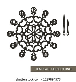 Openwork dial with arrows and arabic numerals. Silhouette of clock on white background. Decor for home. Template for laser cutting, wood carving, paper cut and printing. Vector illustration.