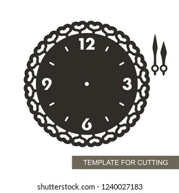Openwork dial with arrows and arabic numerals. Silhouette of clock on white background. Decor for home. Template for laser cutting, wood carving, paper cut and printing. Vector illustration.