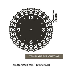 Openwork dial with arrows and arabic numerals. Silhouette of clock on white background. Decor for home. Template for laser cutting, wood carving, paper cut and printing. Vector illustration.