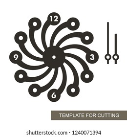 Openwork dial with arrows and arabic numerals. Silhouette of clock on white background. Decor for home. Template for laser cutting, wood carving, paper cut and printing. Vector illustration.