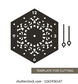 Openwork dial with arrows and arabic numerals. Silhouette of clock on white background. Decor for home. Template for laser cutting, wood carving, paper cut and printing. Vector illustration. 