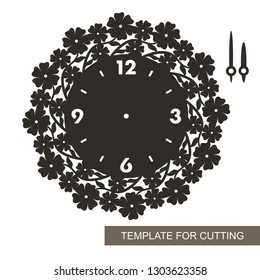 Openwork dial with arrows and arabic numerals. Silhouette of clock with camomiles and leaves on white background. Decor for home. Template for laser cutting, wood carving, paper cut and printing.