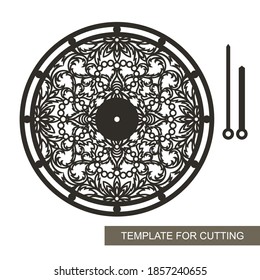 Openwork dial with floral ornament without numbers. Round hours, lace pattern, hour and minute hands. Vector template for plotter laser cutting (cnc) of paper, cardboard, plywood, wood carving, metal.