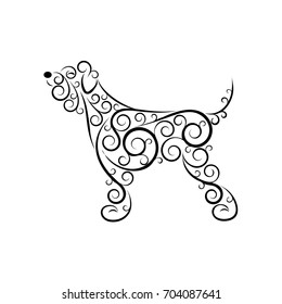 Openwork dog silhouette made of separate lines, spirals and swirls. Symbol of the year 2018. Black and white, easy to recolor. Vector illustration.