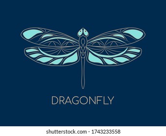 Openwork dragonfly icon. Colorful element with outlines on dark blue background. Stock vector illustration. Creative modern concept for designs banners, cards, logo, prints, packings, covers, etc.
